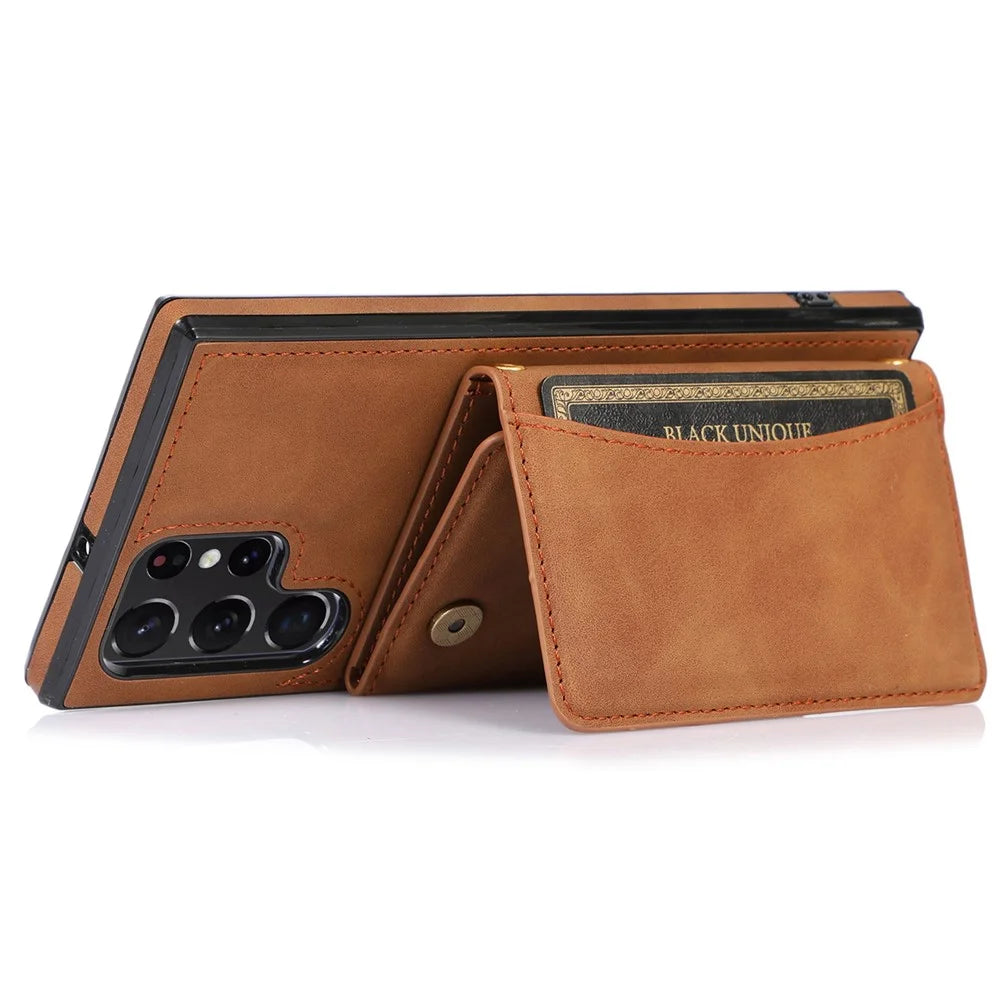 For Samsung Galaxy S21 Ultra 5G Wallet Phone Case Well-protected Anti-fall Multiple Card Slots Leather Coated TPU Shell - Brown - 3