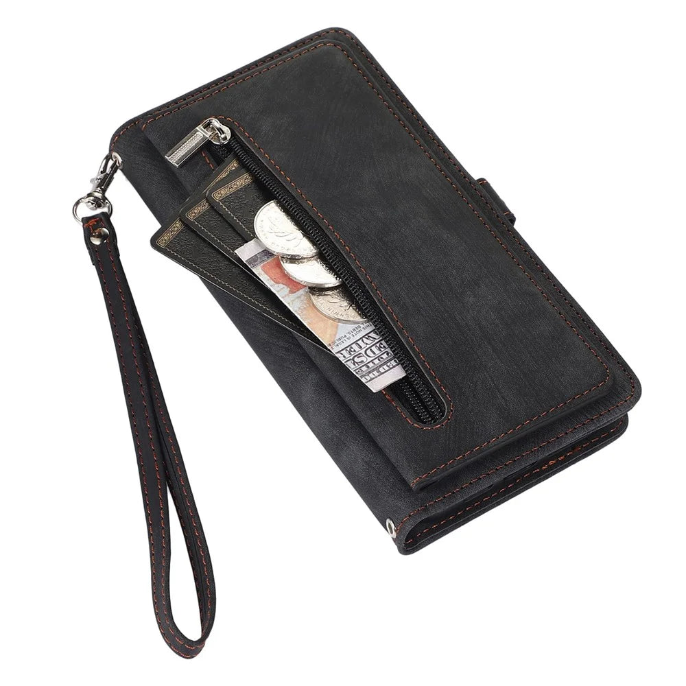For iPhone 14 6.1 inch Zipper Pocket Design 9 Card Slots Phone Wallet Case PU Leather Stand Shockproof Cover with Wrist Strap - Black - 7