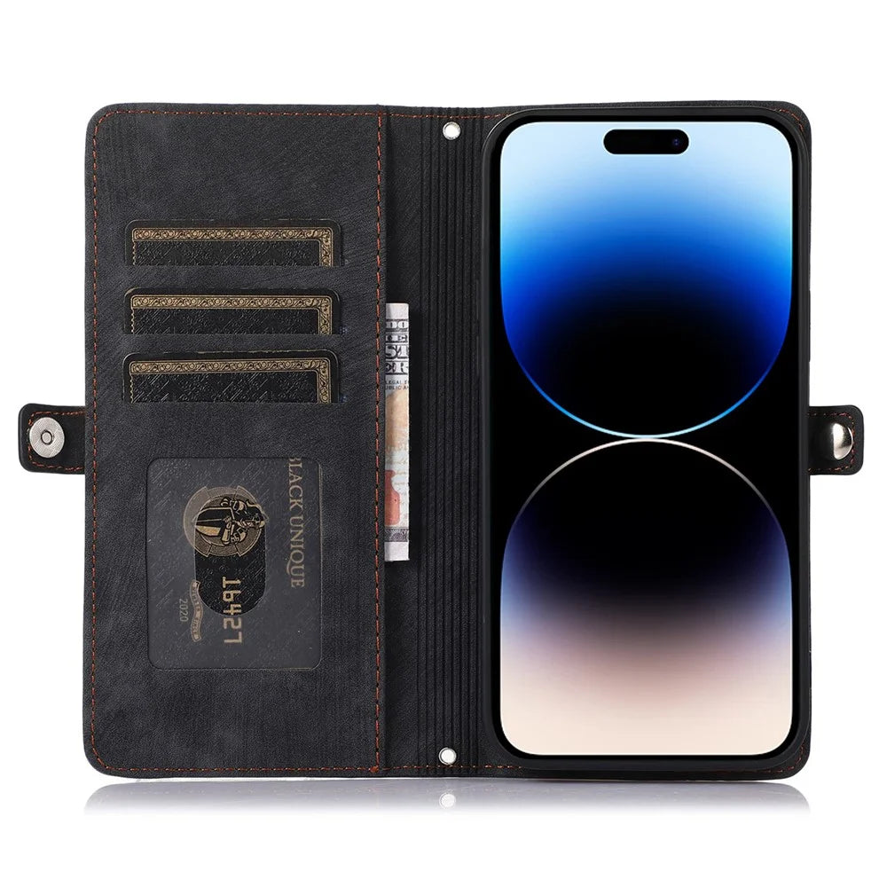 For iPhone 14 Pro 6.1 inch 9 Card Slots Zipper Pocket Design Phone Case PU Leather Stand Wallet Anti-drop Cover with Wrist Strap - Black - 3