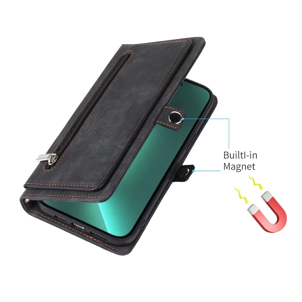 For iPhone 14 Pro 6.1 inch 9 Card Slots Zipper Pocket Design Phone Case PU Leather Stand Wallet Anti-drop Cover with Wrist Strap - Black - 5