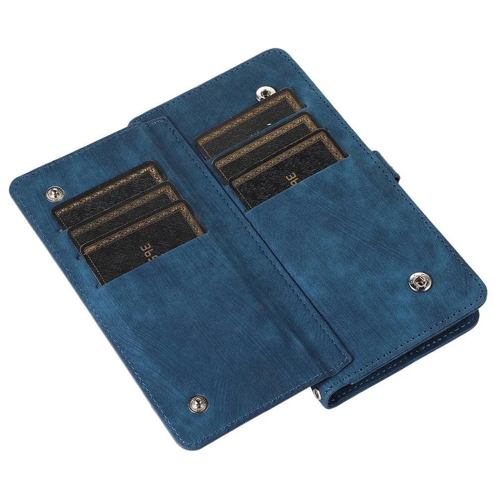 For iPhone 13 mini 5.4 inch PU Leather Wallet Case Multi-Functional 9 Card Slots Stand Protective Cover with Zipper Pocket and Wrist Strap - Blue - 7