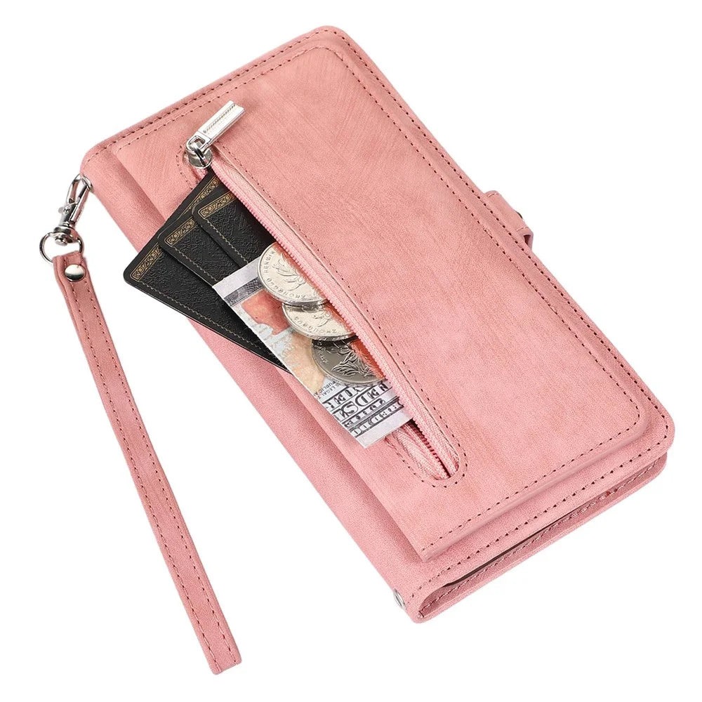 For iPhone 12 6.1 inch/12 Pro 6.1 inch Shockproof Zipper Pocket Phone Wallet Case 9 Card Slots PU Leather Stand Cover with Wrist Strap - Rose Gold - 5