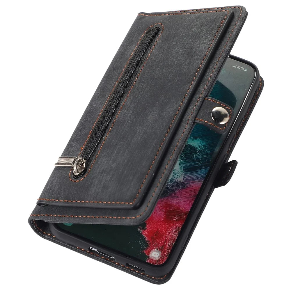 For Samsung Galaxy S22 Ultra 5G Zipper Leather Phone Case Stand Multi-Functional 9 Card Holder Wrist Strap Protective Cover - Black - 7
