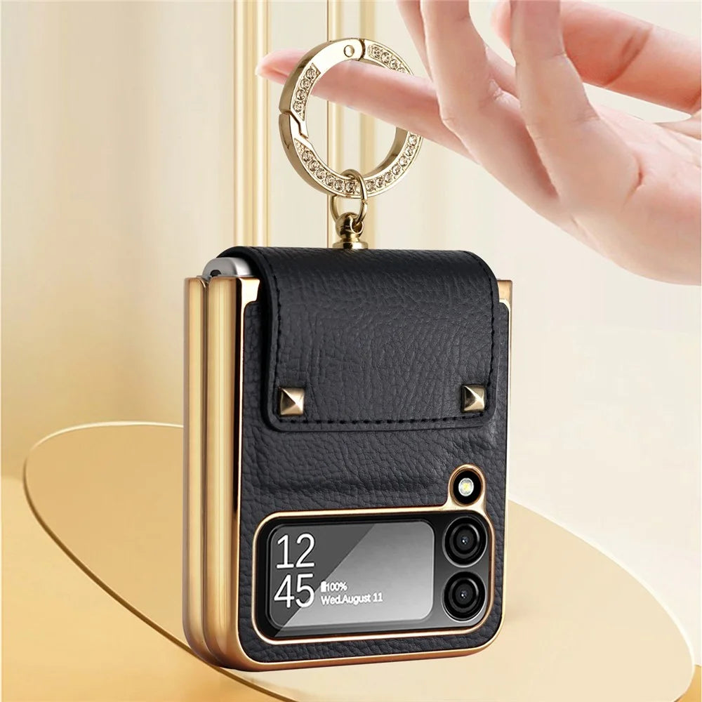 For Samsung Galaxy Z Flip4 5G Leather Coated PC Phone Case Ring Holder Design Folding Phone Cover with Tempered Glass Lens Film - Black - 2