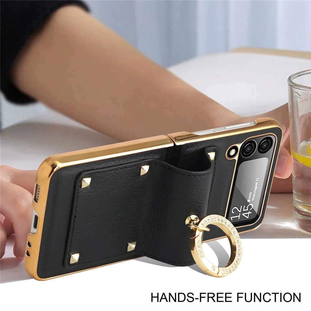 For Samsung Galaxy Z Flip4 5G Leather Coated PC Phone Case Ring Holder Design Folding Phone Cover with Tempered Glass Lens Film - Black - 6