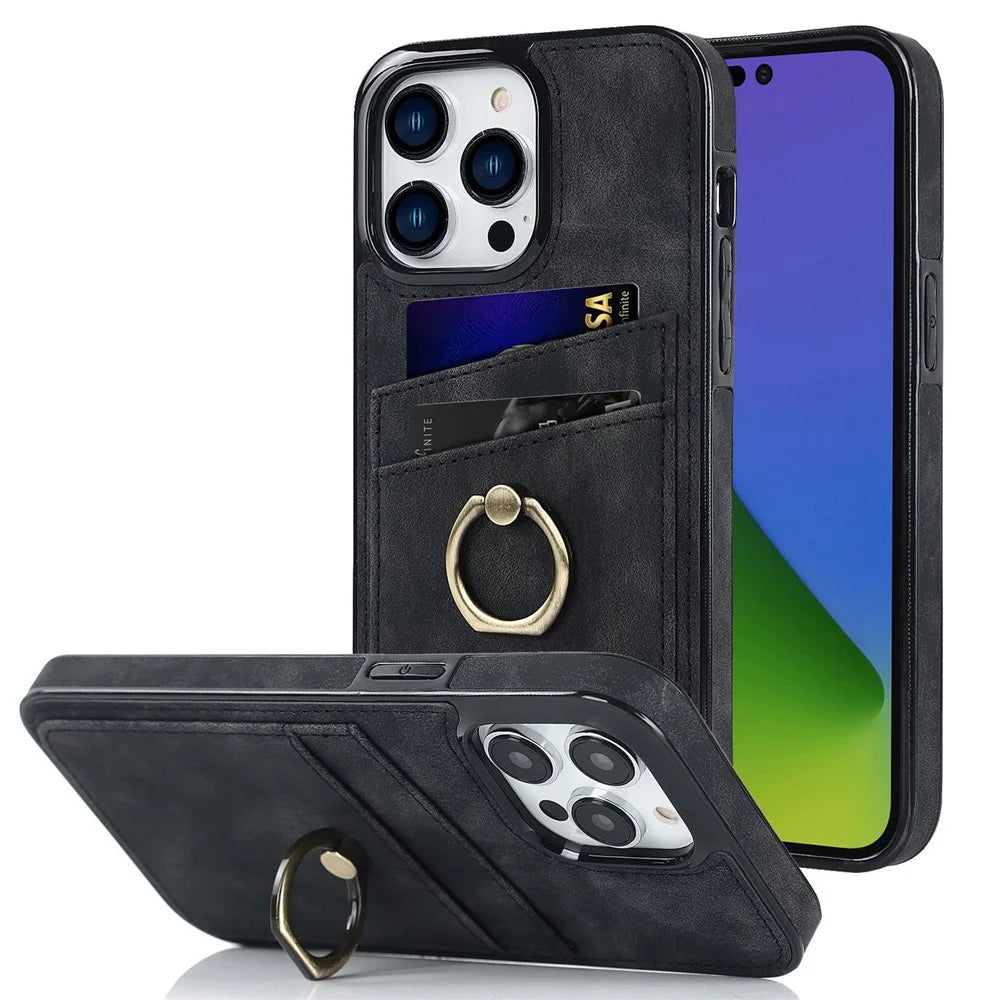 For iPhone 14 Pro Max 6.7 inch Retro Phone Case Leather Coated TPU Ring Holder Kickstand Feature Anti-fall Shell with Card Slots - Black - 1