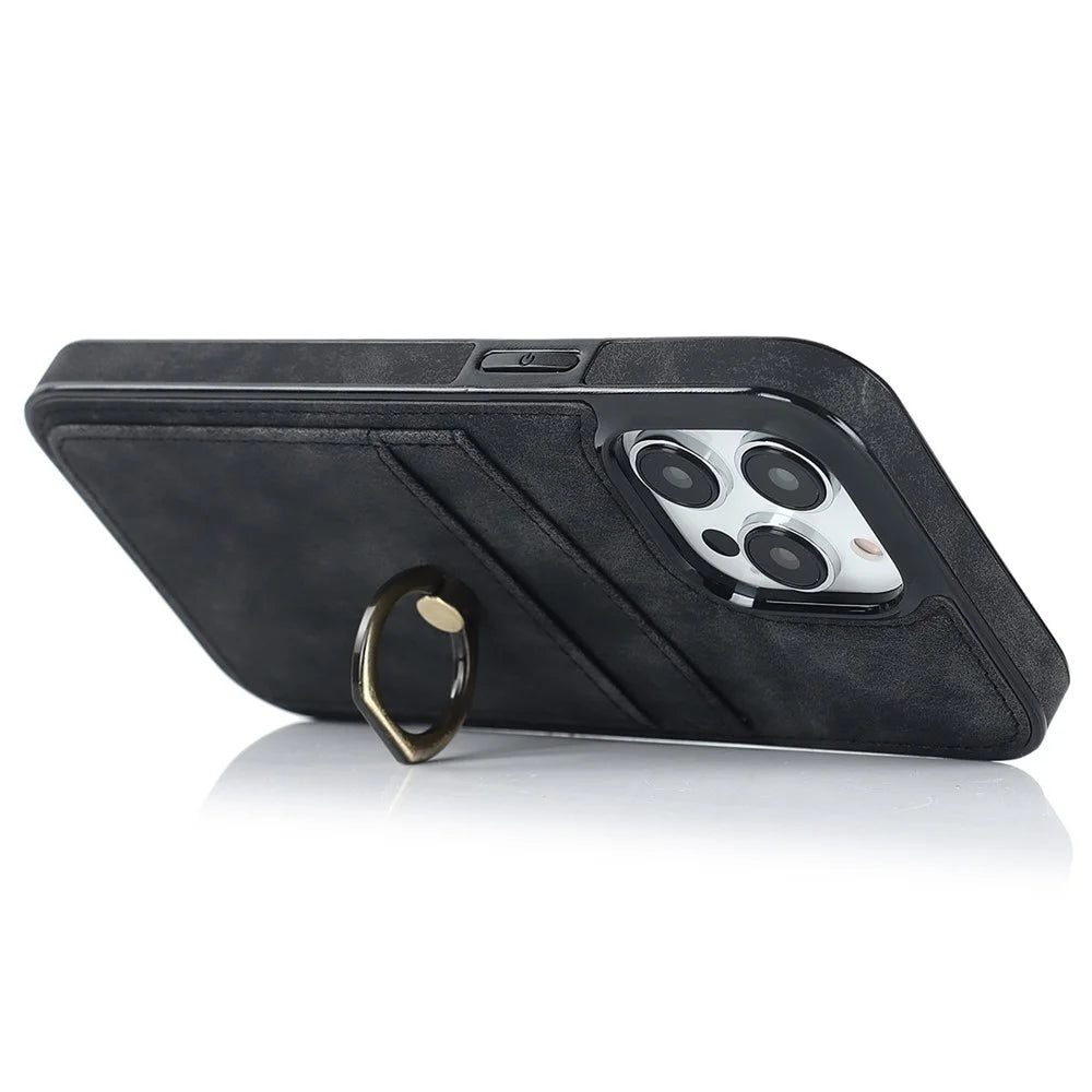 For iPhone 14 Pro Max 6.7 inch Retro Phone Case Leather Coated TPU Ring Holder Kickstand Feature Anti-fall Shell with Card Slots - Black - 2