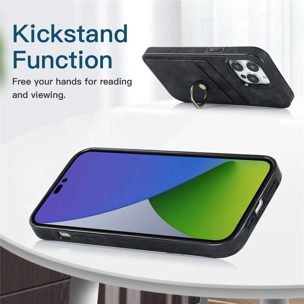 For iPhone 14 Pro Max 6.7 inch Retro Phone Case Leather Coated TPU Ring Holder Kickstand Feature Anti-fall Shell with Card Slots - Black - 3