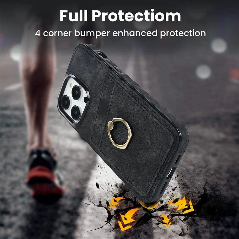 For iPhone 14 Pro Max 6.7 inch Retro Phone Case Leather Coated TPU Ring Holder Kickstand Feature Anti-fall Shell with Card Slots - Black - 4