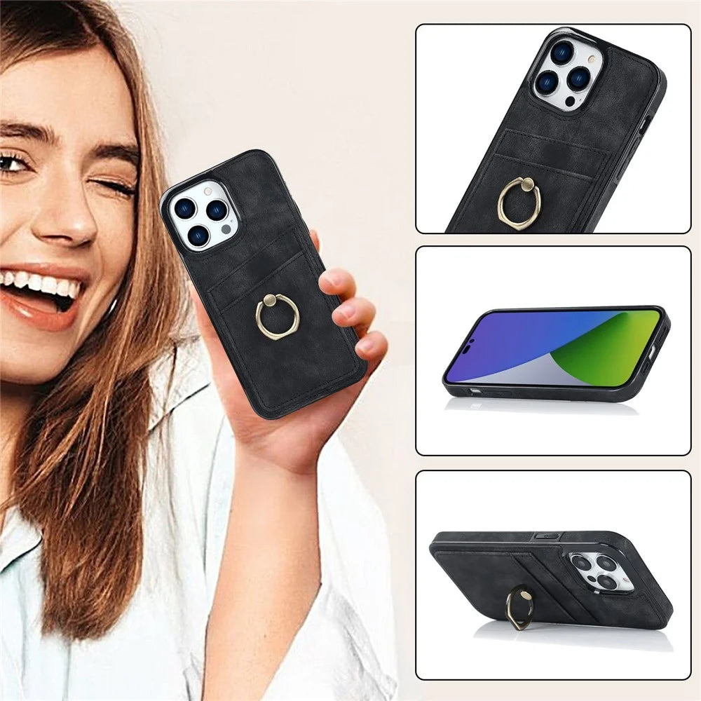 For iPhone 14 Pro Max 6.7 inch Retro Phone Case Leather Coated TPU Ring Holder Kickstand Feature Anti-fall Shell with Card Slots - Black - 6