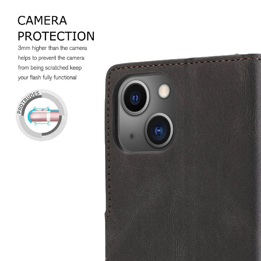 For iPhone 14 Plus PU Leather Full Protection Phone Wallet Case Flip Stand Protective Cover with Strap - Black - 6