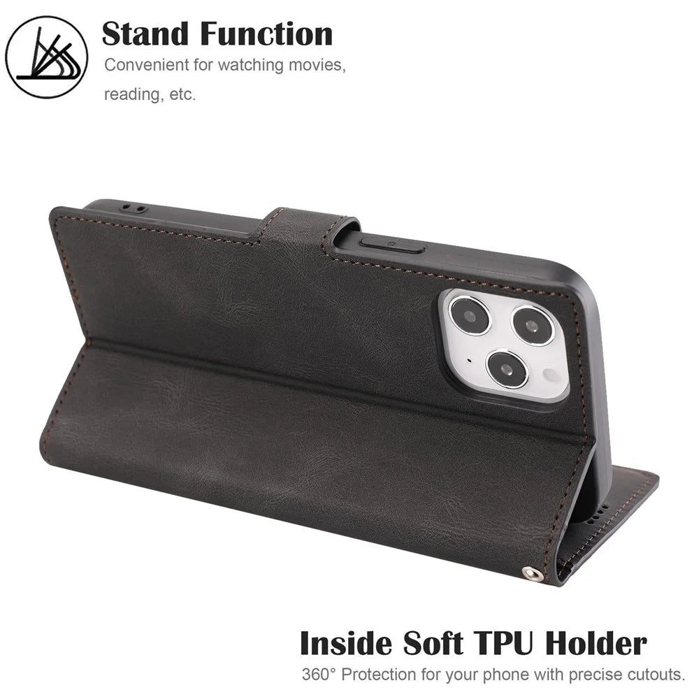 For iPhone 14 Pro Max 6.7 inch PU Leather Wallet Function Phone Shockproof Case Anti-drop Stand Cover with Strap - Black - 4