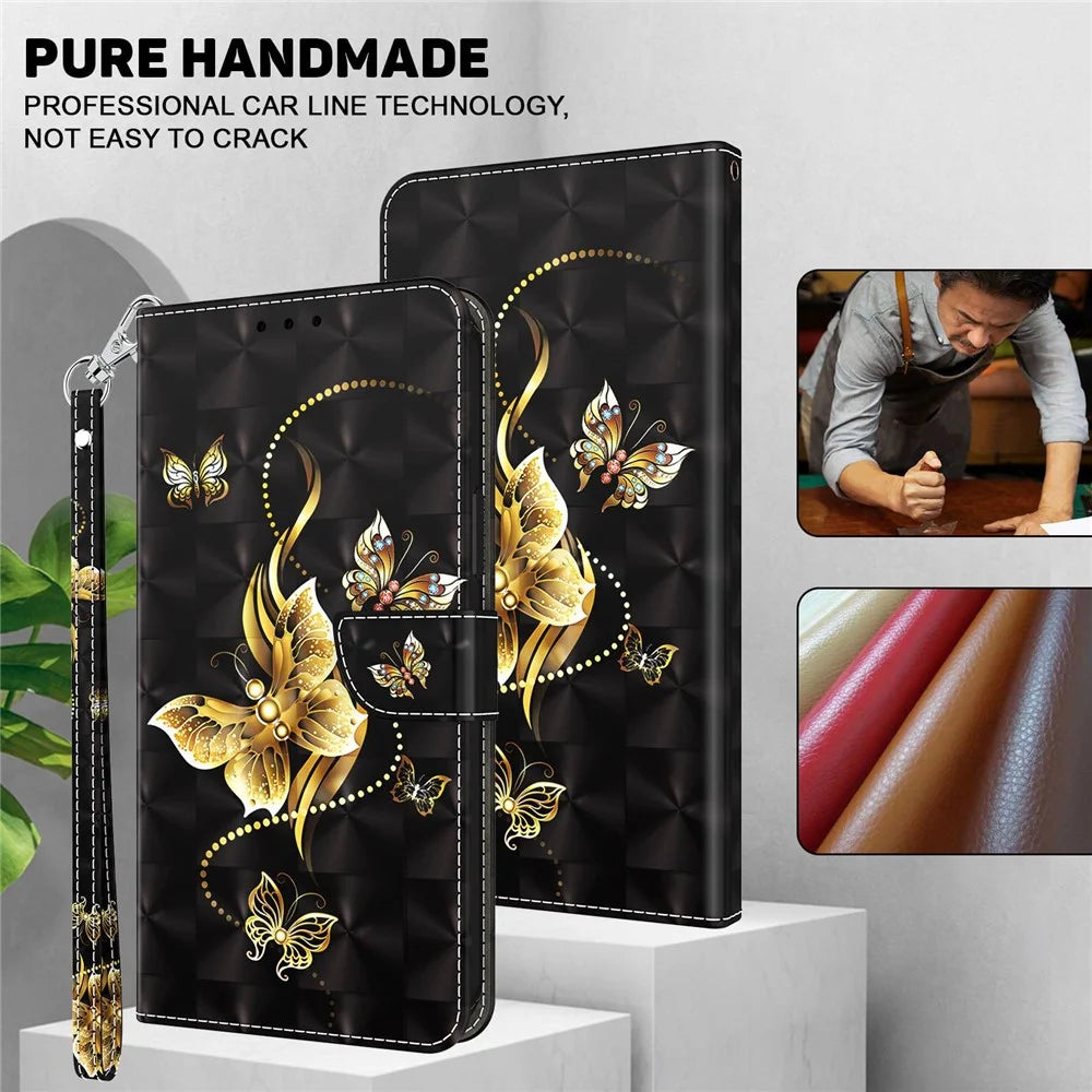 Phone Case For iPhone 14 6.1 inch, Stand Function 3D Pattern Printing PU Leather + TPU Wallet Style Protector with Strap - Golden Butterflies - 4
