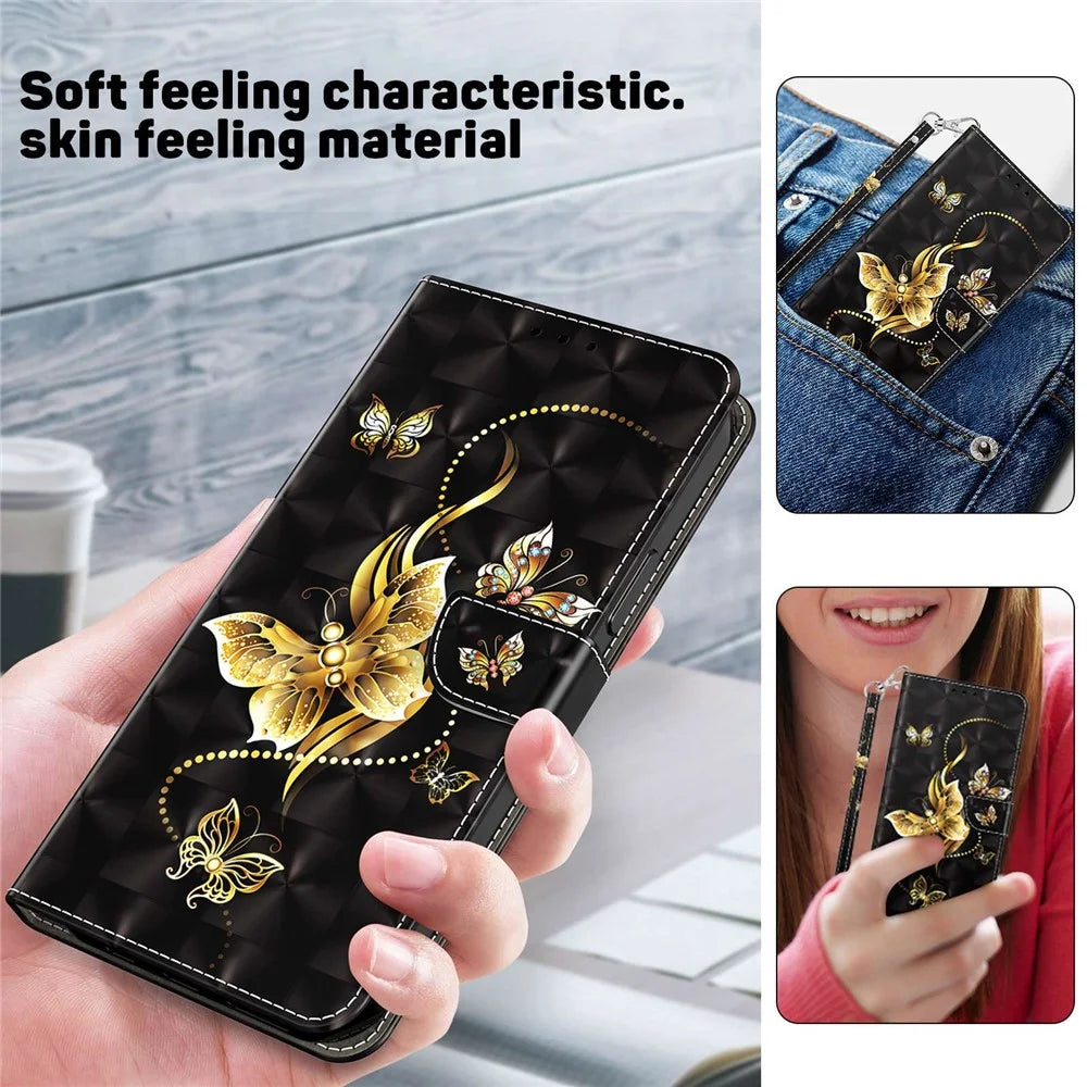 Phone Case For iPhone 14 6.1 inch, Stand Function 3D Pattern Printing PU Leather + TPU Wallet Style Protector with Strap - Golden Butterflies - 6