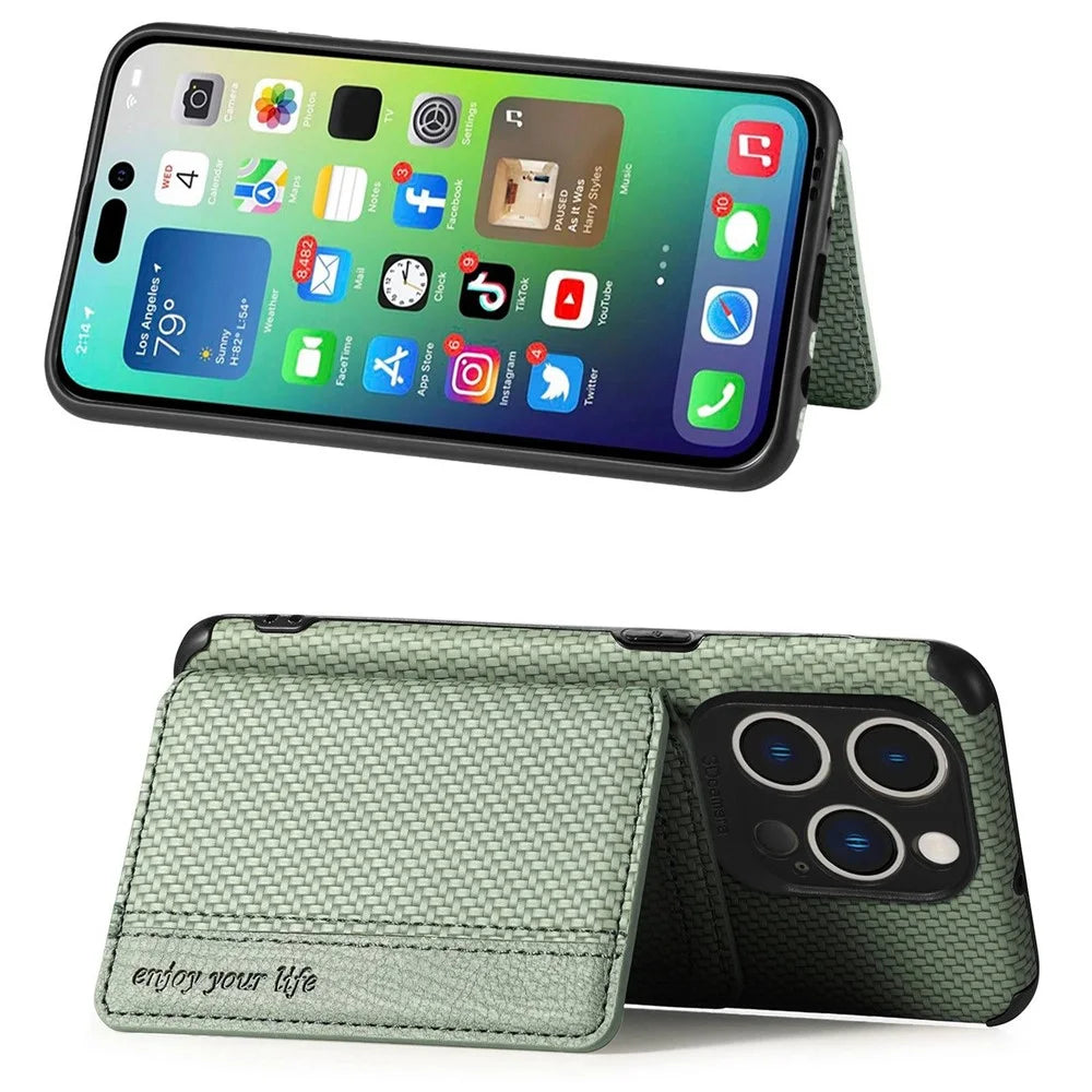 For iPhone 14 Pro Max 6.7 inch Carbon Fiber Texture RFID Blocking Wallet Design Phone Case Leather Coated TPU Anti-scratch Magnetic Cover with Kickstand - Green - 3