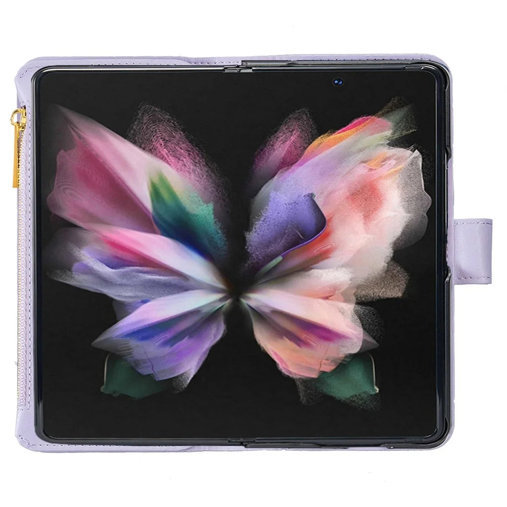 BINFEN COLOR For Samsung Galaxy Z Fold4 5G Zipper Pocket Stand Leather Case Rhombus Pattern Imprinted Phone Wallet Cover - Purple - 3