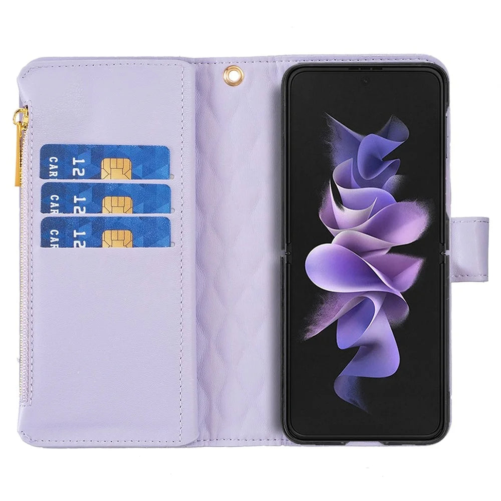BINFEN COLOR For Samsung Galaxy Z Fold4 5G Zipper Pocket Stand Leather Case Rhombus Pattern Imprinted Phone Wallet Cover - Purple - 5