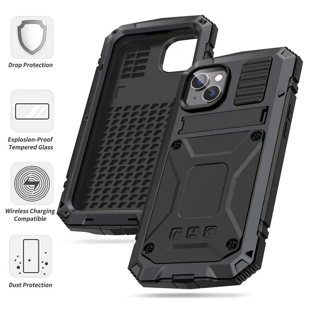R-JUST for iPhone 14 6.1 inch Shockproof Hybrid Phone Case Protective Back Cover Kickstand with Screen Protector - Black - 6