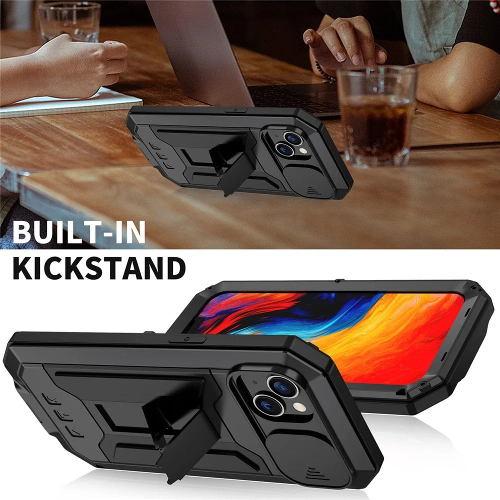 R-JUST For iPhone 14 6.1 inch Slide Camera Cover Silicone + Metal + Tempered Glass Screen Protector Phone Case Drop-proof Cover with Kickstand - Black - 2