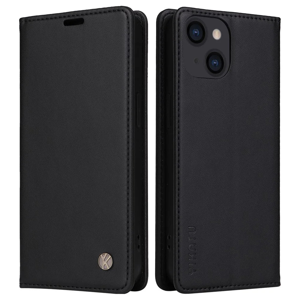 YIKATU For iPhone 13 6.1 inch YK- 001 Anti-drop Phone Case Stand Magnetic Auto-absorbed PU Leather Flip Wallet Cover - Black - 1