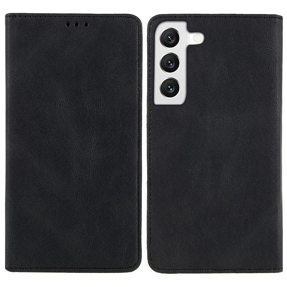Strong Magnetic Adsorption Phone Case for Samsung Galaxy S22 5G, Stand Wallet Phone Cover Anti-scratch PU Leather Phone Shell - Black - 1