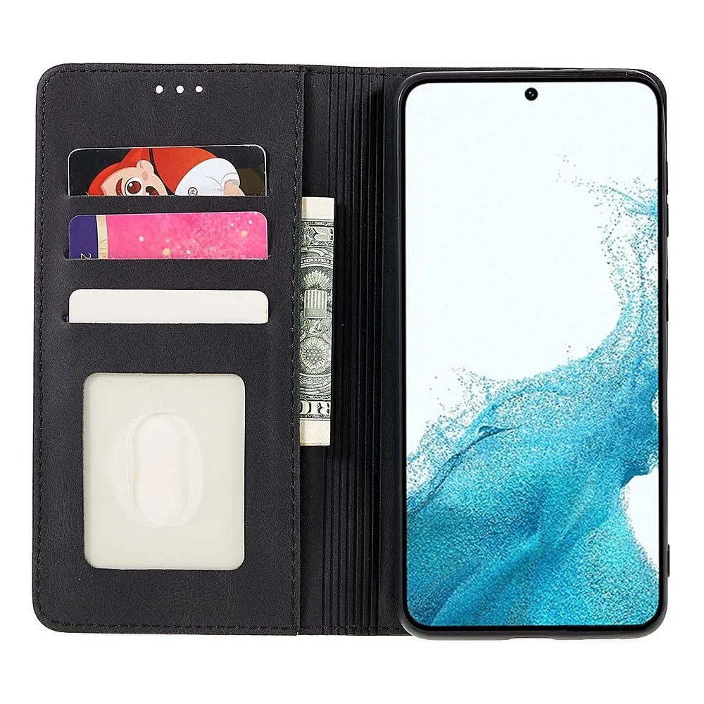 Strong Magnetic Adsorption Phone Case for Samsung Galaxy S22 5G, Stand Wallet Phone Cover Anti-scratch PU Leather Phone Shell - Black - 2