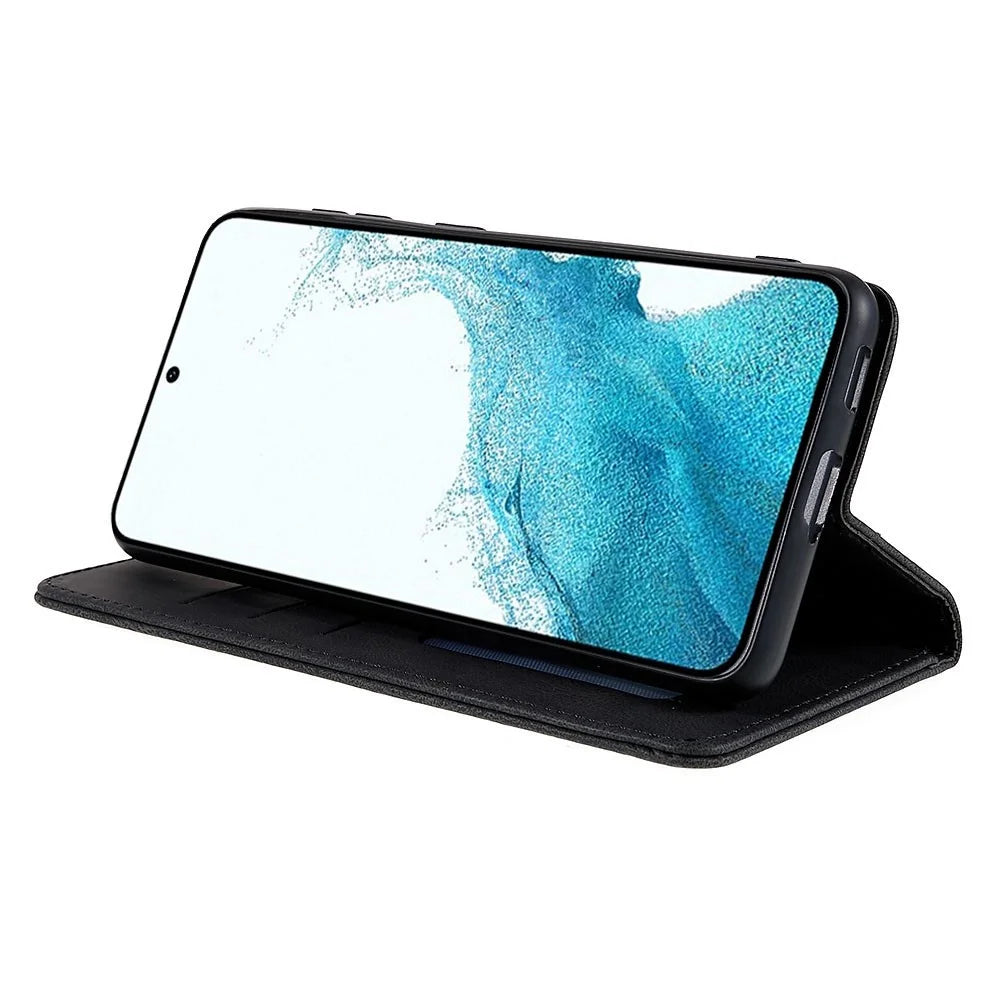 For Samsung Galaxy S22+ 5G PU Leather Wear-resistant Phone Case Magnetic Flip Stand Wallet Feature Shell - Black - 3