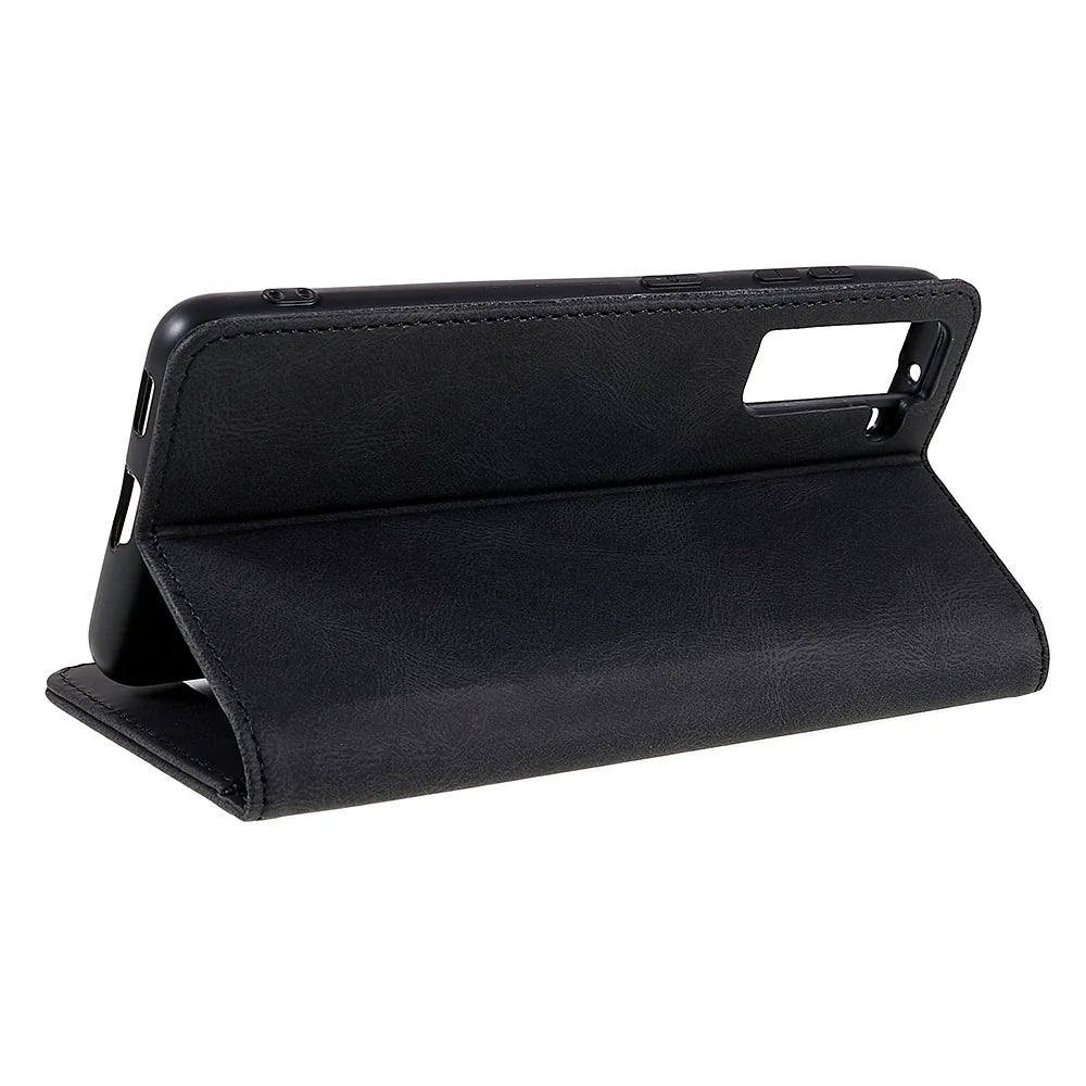 For Samsung Galaxy S22+ 5G PU Leather Wear-resistant Phone Case Magnetic Flip Stand Wallet Feature Shell - Black - 4