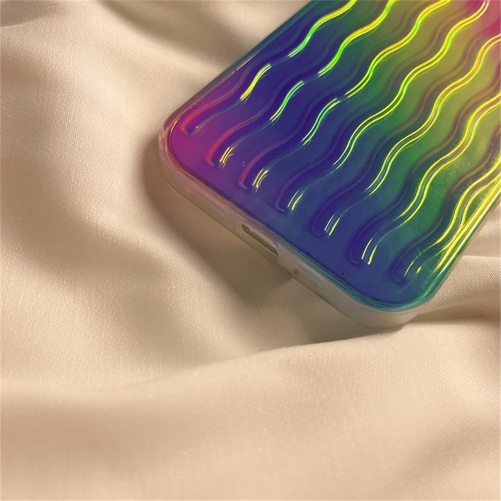 For iPhone 14 Plus Anti-scratch Hard PC + TPU Phone Cover Wave Texture Phone Case - Gradient Green / Pink / Purple - 4