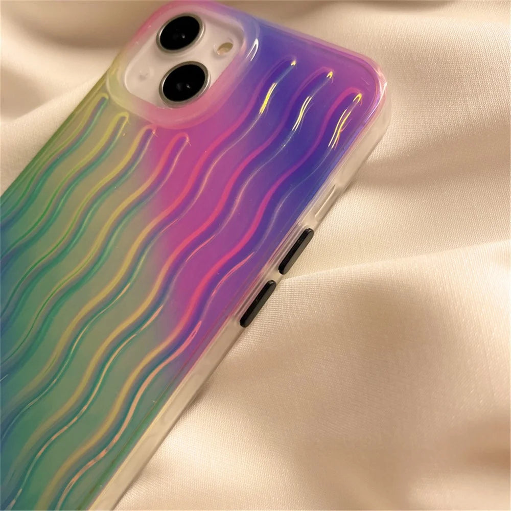 For iPhone 14 Plus Anti-scratch Hard PC + TPU Phone Cover Wave Texture Phone Case - Gradient Green / Pink / Purple - 5