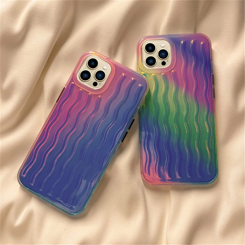 For iPhone 14 Pro Max 6.7 inch Phone Case Wave Texture Gradient Color Shockproof PC + TPU Cover - Gradient Green / Pink / Purple - 6
