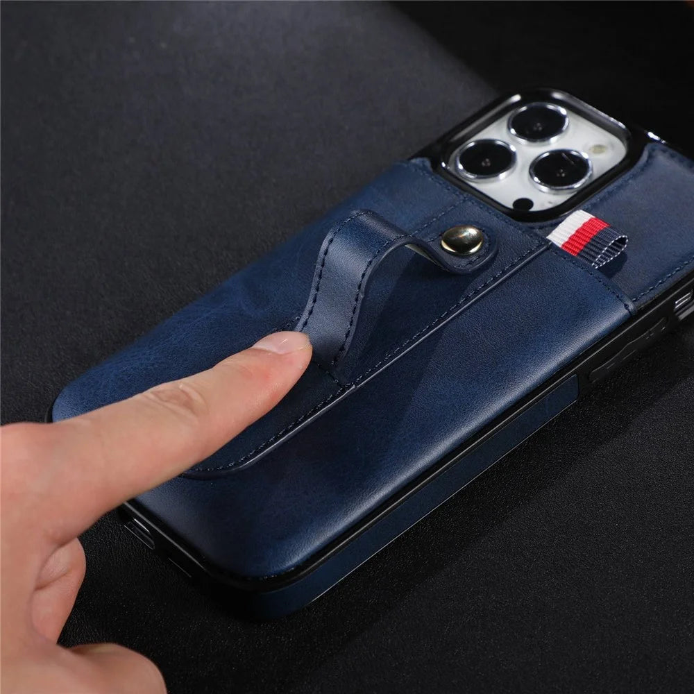 For iPhone 13 Pro 6.1 inch PU Leather Coated TPU Phone Shell Card Slot Grip Strap Kickstand Protective Cover - Blue - 2