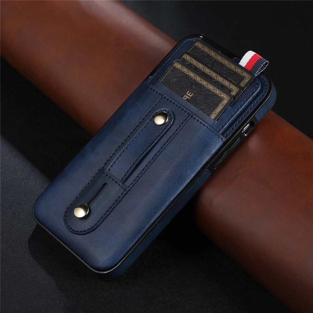For iPhone 13 Pro 6.1 inch PU Leather Coated TPU Phone Shell Card Slot Grip Strap Kickstand Protective Cover - Blue - 5