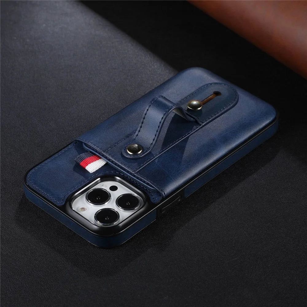 For iPhone 13 Pro 6.1 inch PU Leather Coated TPU Phone Shell Card Slot Grip Strap Kickstand Protective Cover - Blue - 6