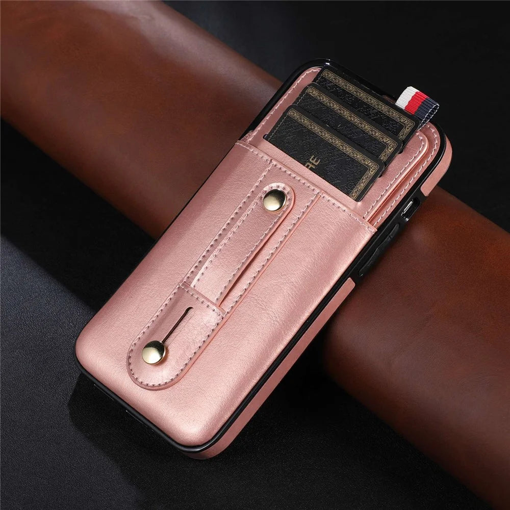 For iPhone 14 Plus Precise Cutout Anti-fall Phone Case Card Slot Kickstand Hand Grip Strap Design PU Leather+TPU Cover - Rose Gold - 5