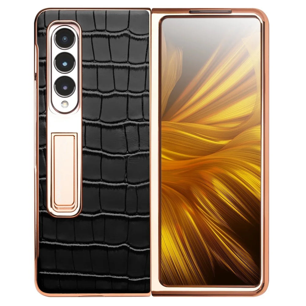 QIALINO For Samsung Galaxy Z Fold3 5G Crocodile Texture Genuine Leather + PC Kickstand Cover Electroplating Phone Case with Tempered Glass - Black - 2