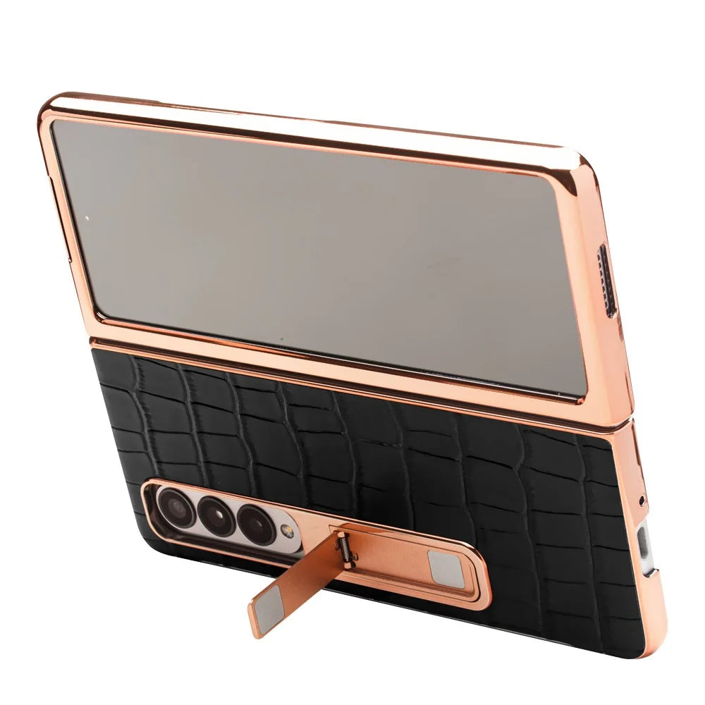 QIALINO For Samsung Galaxy Z Fold3 5G Crocodile Texture Genuine Leather + PC Kickstand Cover Electroplating Phone Case with Tempered Glass - Black - 3