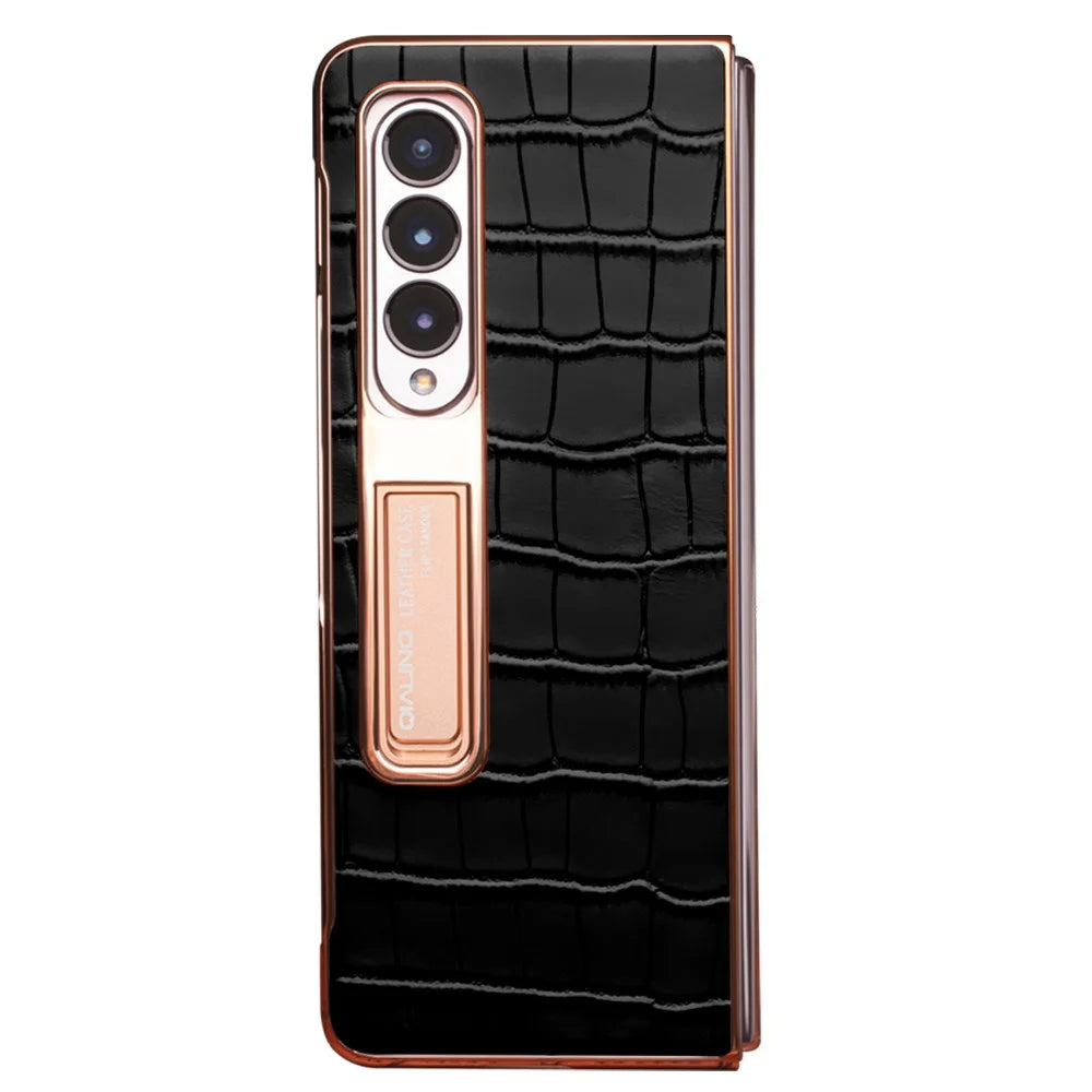 QIALINO For Samsung Galaxy Z Fold3 5G Crocodile Texture Genuine Leather + PC Kickstand Cover Electroplating Phone Case with Tempered Glass - Black - 5