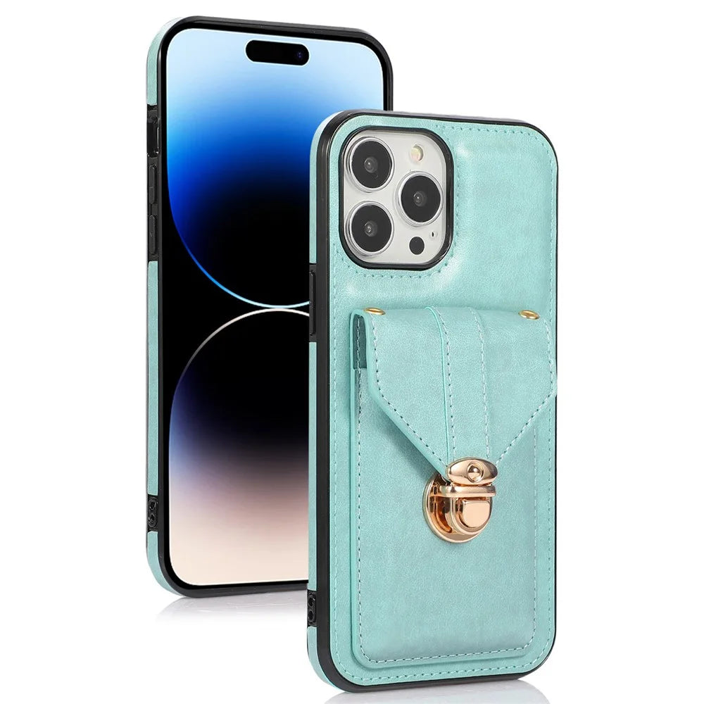 Cell Phone Cover for iPhone 14 Pro 6.1 inch, PU Leather+TPU Cash Coin Card Holder Kickstand Phone Case with Shoulder Strap - Green - 1
