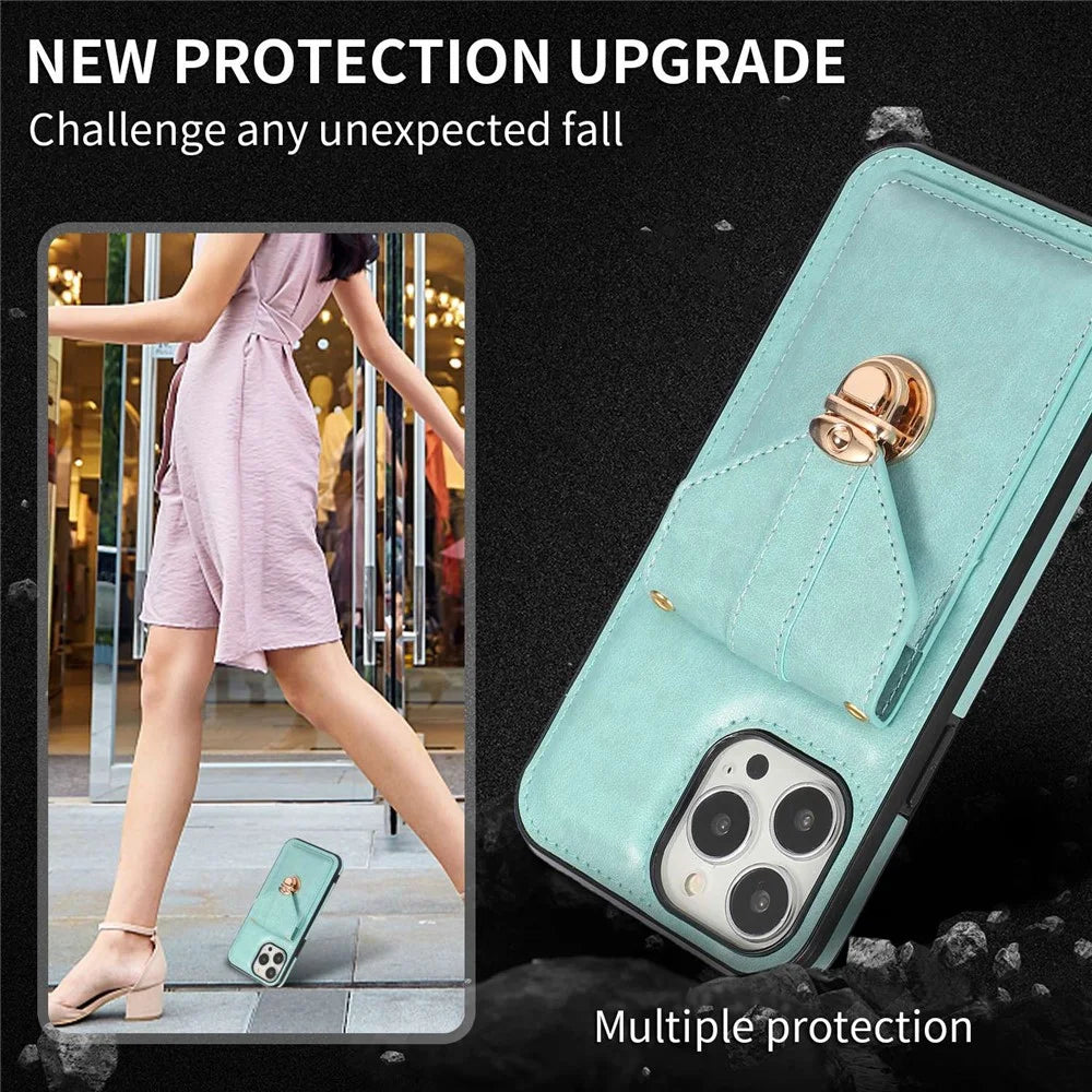 Cell Phone Cover for iPhone 14 Pro 6.1 inch, PU Leather+TPU Cash Coin Card Holder Kickstand Phone Case with Shoulder Strap - Green - 6