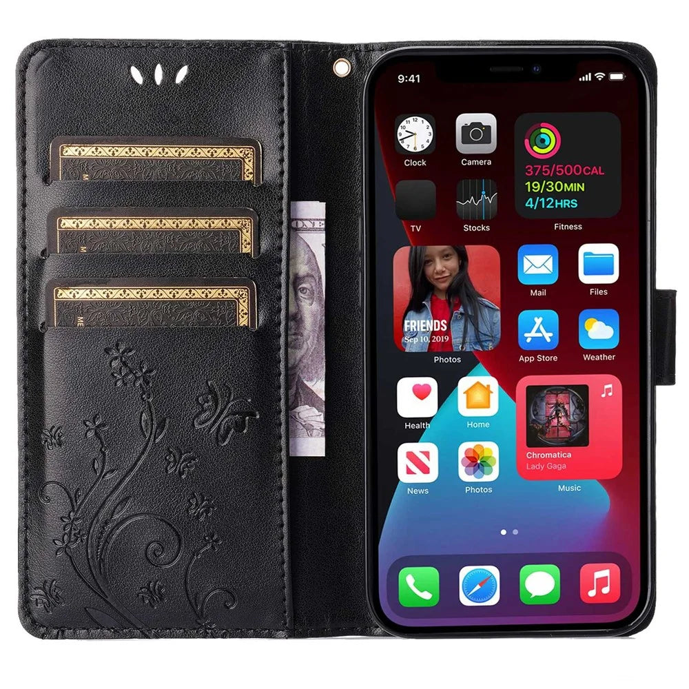 For iPhone 14 Pro 6.1 inch Phone Case Imprinted Butterflies Full Protection PU Leather Wallet Cover Stand with Strap - Black - 2