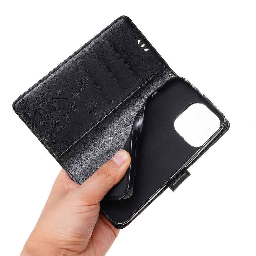 For iPhone 14 Pro 6.1 inch Phone Case Imprinted Butterflies Full Protection PU Leather Wallet Cover Stand with Strap - Black - 5