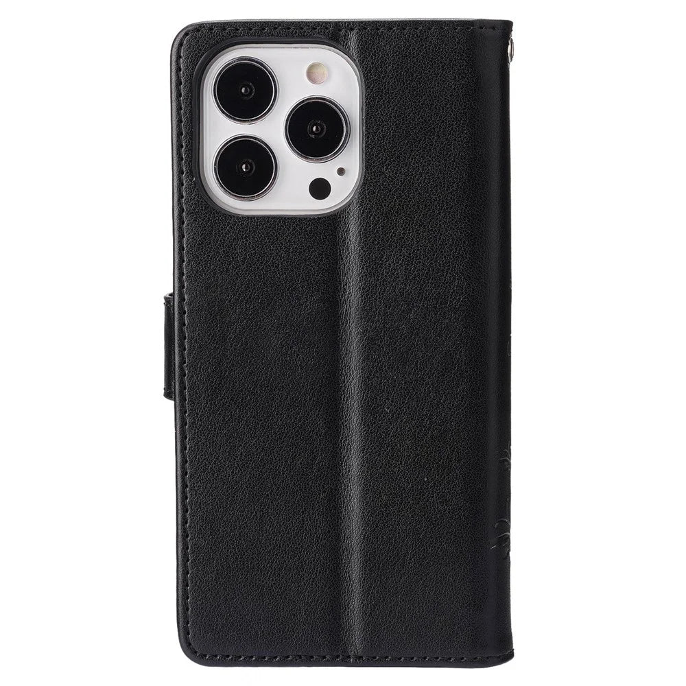 For iPhone 14 Pro 6.1 inch Phone Case Imprinted Butterflies Full Protection PU Leather Wallet Cover Stand with Strap - Black - 7