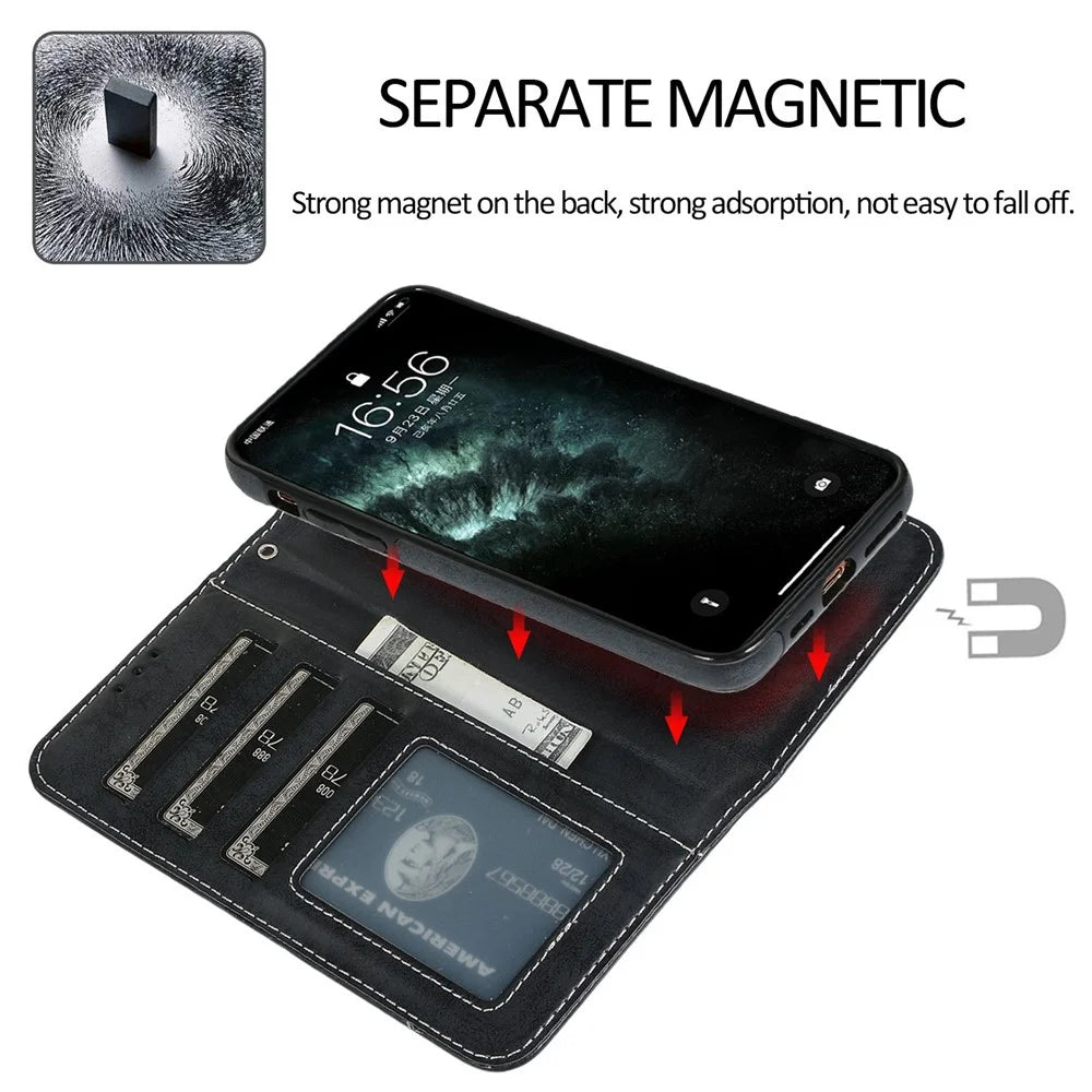 For iPhone 14 6.1 inch Matte Retro Phone Case Anti-drop Magnetic Absorption Detachable Inner TPU Case+PU Leather Cover Wallet - Black - 2