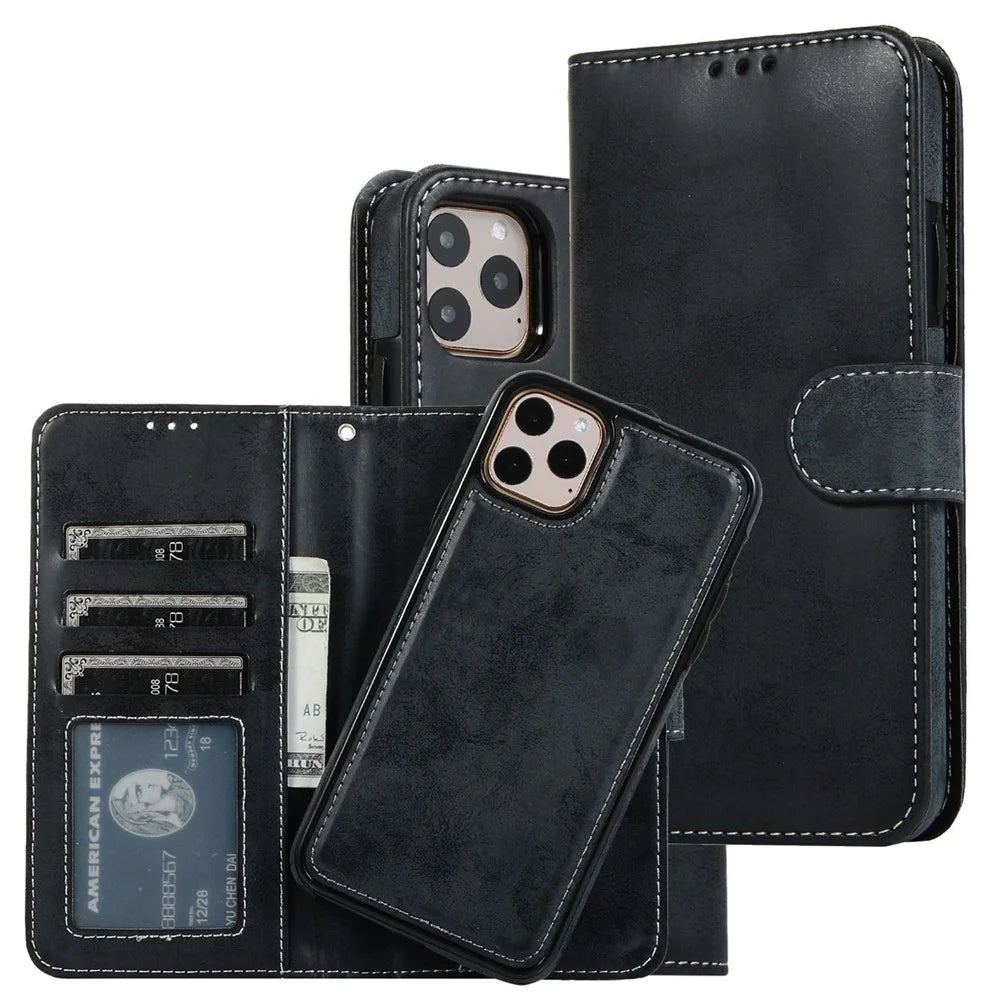For iPhone 14 Pro 6.1 inch Matte Phone Back Shell Retro Style Magnetic Absorption Inner TPU Case+PU Leather Cover Wallet - Black - 1