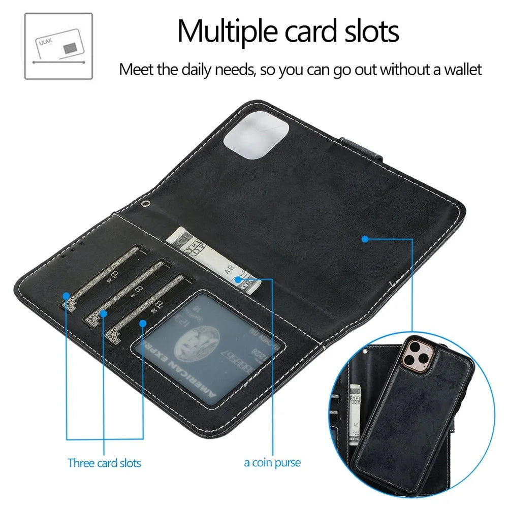For iPhone 14 Pro 6.1 inch Matte Phone Back Shell Retro Style Magnetic Absorption Inner TPU Case+PU Leather Cover Wallet - Black - 3