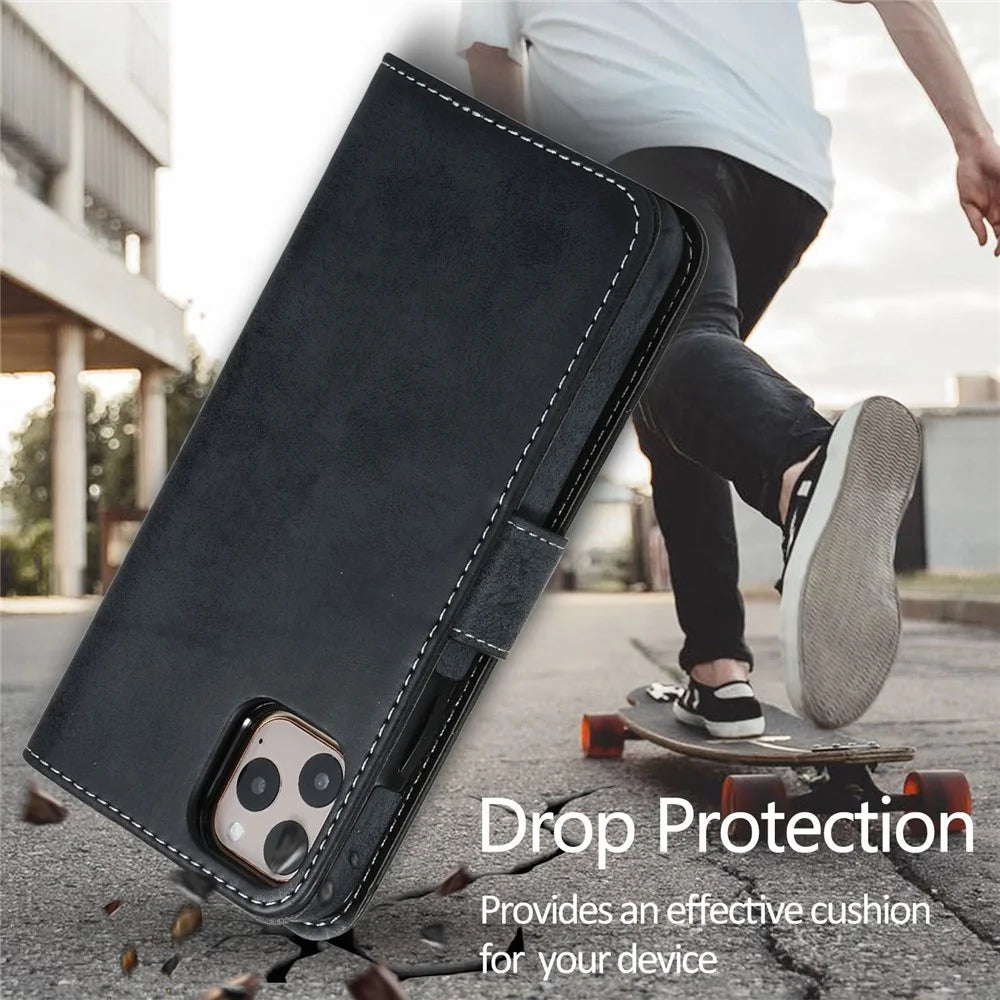 For iPhone 14 Pro 6.1 inch Matte Phone Back Shell Retro Style Magnetic Absorption Inner TPU Case+PU Leather Cover Wallet - Black - 4