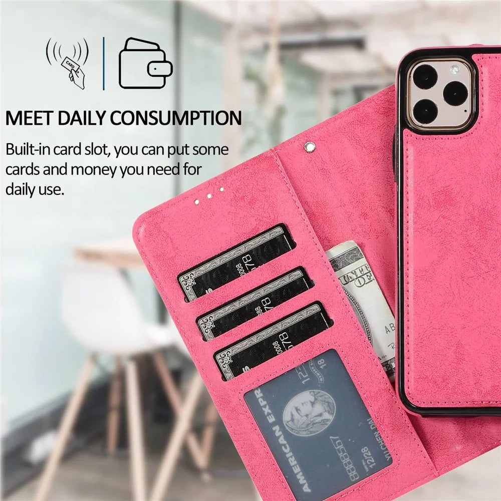 For iPhone 14 Pro 6.1 inch Matte Phone Back Shell Retro Style Magnetic Absorption Inner TPU Case+PU Leather Cover Wallet - Black - 6