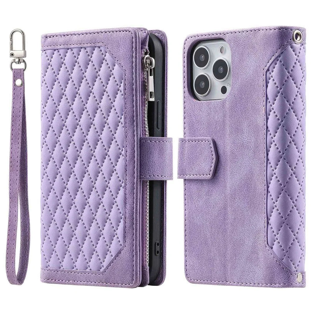 For iPhone 14 6.1 inch Shockproof Phone Cover Rhombus Grid Texture PU Leather Zipper Pocket Flip Wallet Stand Case - Purple - 1