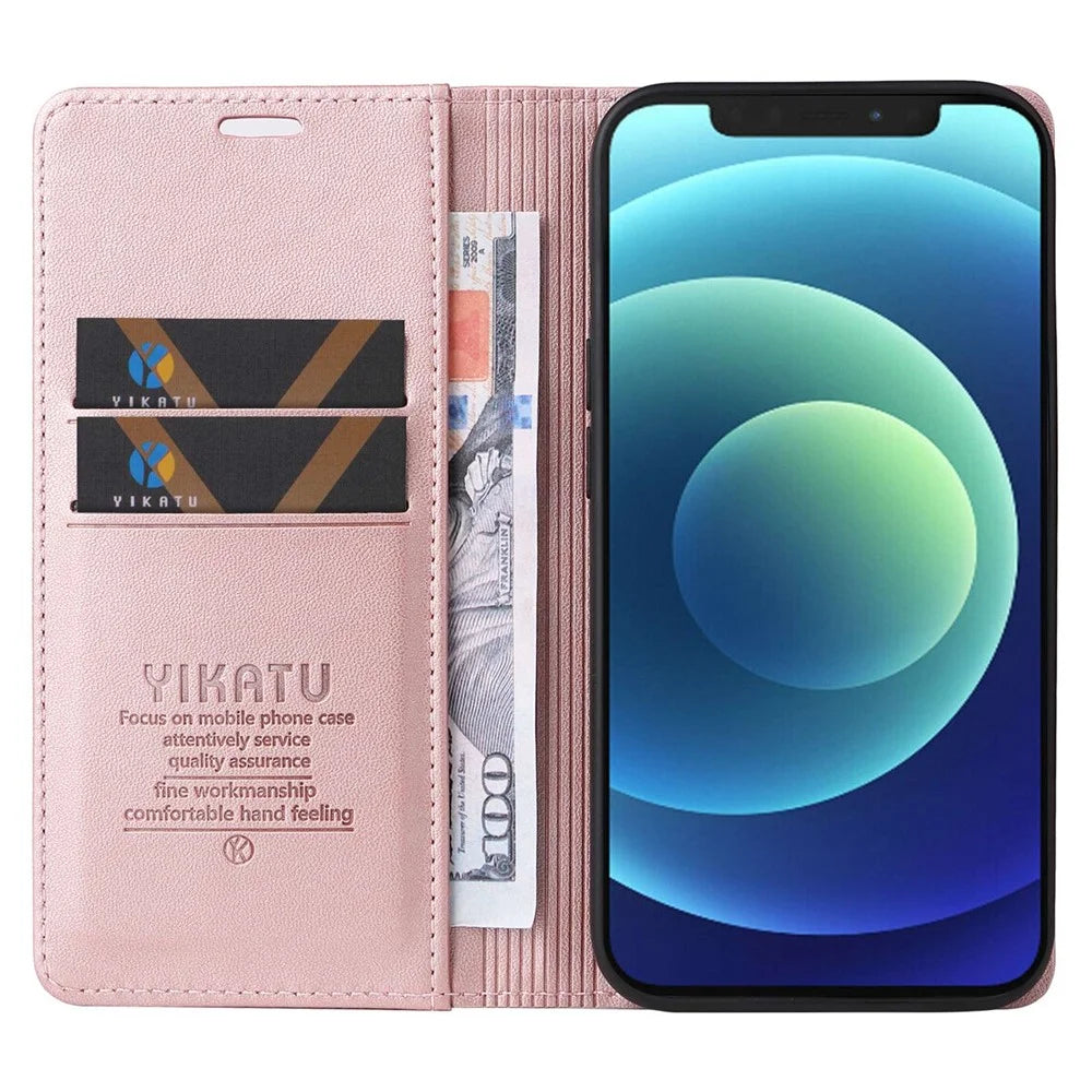 YIKATU Shockproof Phone Case for iPhone 12 mini 5.4 inch, YK- 001 Magnetic Closure Phone Cover Flip Leather Wallet Stand - Rose Gold - 2